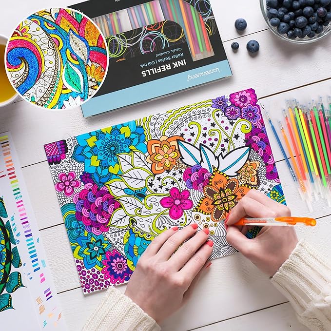 200 Colors Gel Pen Refills, Glitter Neon Gel Ink Pens Refills,Replace Cartridges for Gel Pens Set,9 Color Type for Kids Adult Coloring Books Drawing Doodling Crafts Scrapbooking Journaling,No Repeats