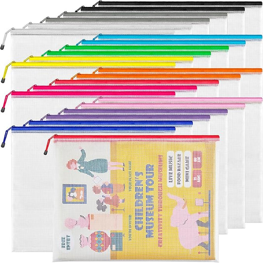 JARLINK A3 (16.9x12.4 in, 24 Pcs) Mesh Zipper Pouch, 12 Colors Extra Large Zipper Bags, Waterproof File Pouches for Office Supplies, Puzzles, Board Game, School, Travel Accessories & Craft Projects