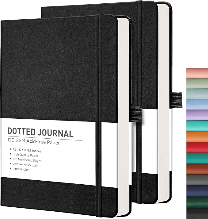 RETTACY Bullet Dotted Journal Notebook, 2-Pack, 160 Numbered Pages per Pack, A5 Medium Size (5.7'' x 8.3''), 120 GSM Thick Paper, Leather Hardcover, for Bullet Journaling (Black & Black)