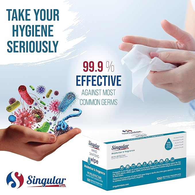 Hand Sanitizing Wipes Travel Size by Singular Wipes – 100ct Individually Wrapped | Fresh Citrus Scent, Moisturizing, 70% Alcohol Wipes | Travel, Office, School, Home | Made in USA