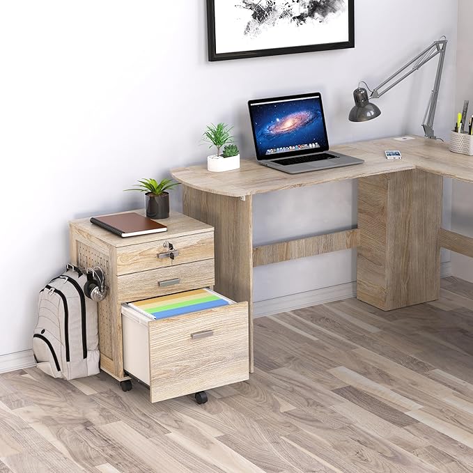 SHW Box Box File Rolling Mobile Cabinet with Side Pegboard and One Lockable Drawer, Maple