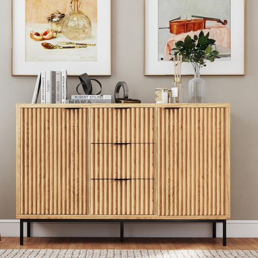 Real Relax Fluted Sideboard Cabinet, Sideboard Buffet Cabinet with Storage, Modern Credenza 2 Doors 3 Drawers, Coffee Bar Buffet Table for Dining Room, Kitchen, and Living Room, Oak