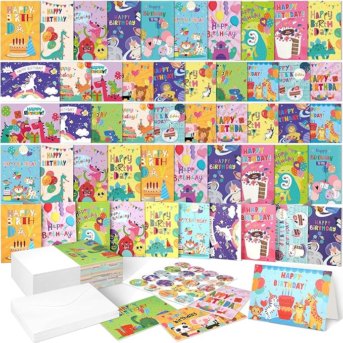 Harloon 200 Pack Happy Birthday Card Assorted Bulk with Blank Envelopes and Stickers 4 x 6 Inches Greeting Blank Happy Birthday Cards for Men Women Adults Kids, 20 Styles(Cartoon Style)