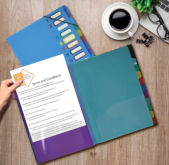 Better Office Products 24 Clear Pocket Expanding File Folder with 12 Colored Tabs, Letter Size, Holds 300 Sheets, Project File Organizer, Numbered Index on Cover,(2 Pack Black & Blue)