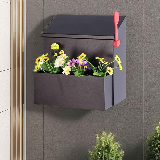 Wall Mount Mailbox with Flower Planter - Black Large Capacity Security Wall Mounted Mailbox - Waterproof Vertical Drop Mail Box Outdoor