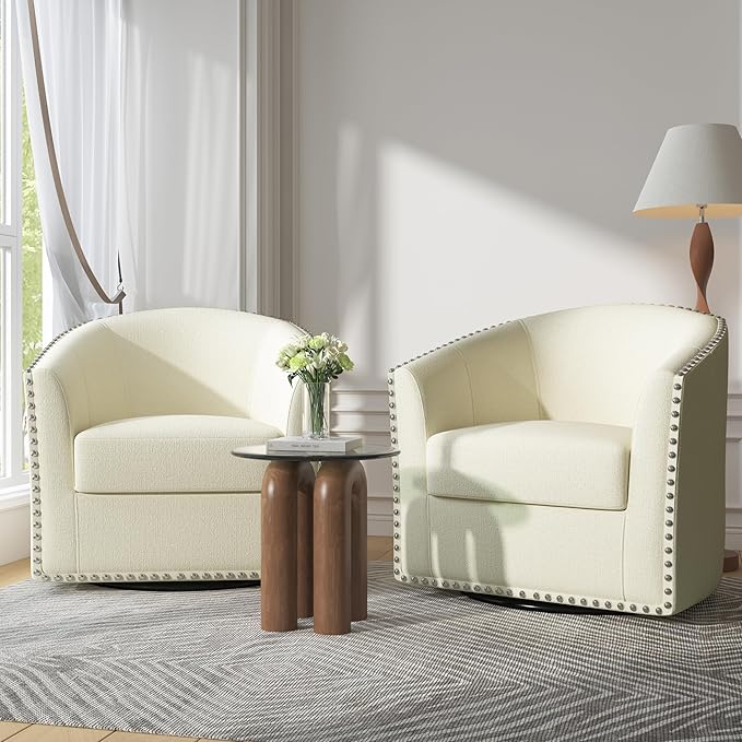 UIXE 360° Swivel Barrel Accent Chair Set of 2, Modern Upholstered Arm Chair Round Club Armchair, Nailhead Trim Single Sofa Seating in Fabric for Living Room - White
