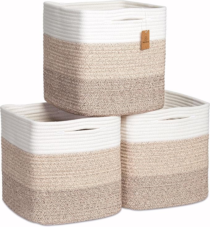 NaturalCozy Storage Cubes 11 Inch Cotton Rope Woven Baskets for Organizing, 3-Pack | Cube Storage Bin | Square Storage Baskets for Shelves Organizer, Classroom, Kids Toy Bins, Closet, Baby Nursery