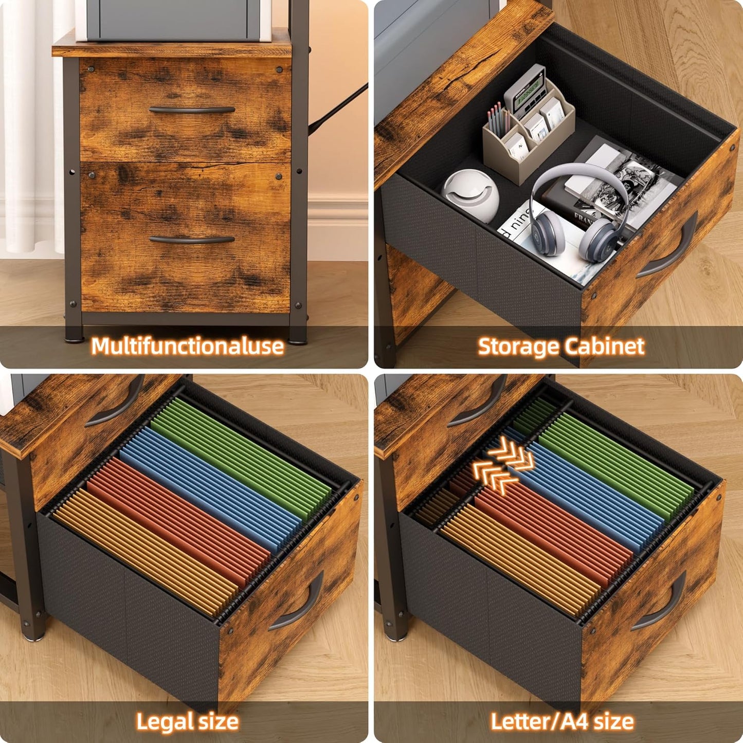 YOUNGAR 69.3" Home Office Desk with Storage, Reversible L Shaped Computer Desks, Corner Gaming Office Desk with 2 File Drawers&Power Outlet, Vintage