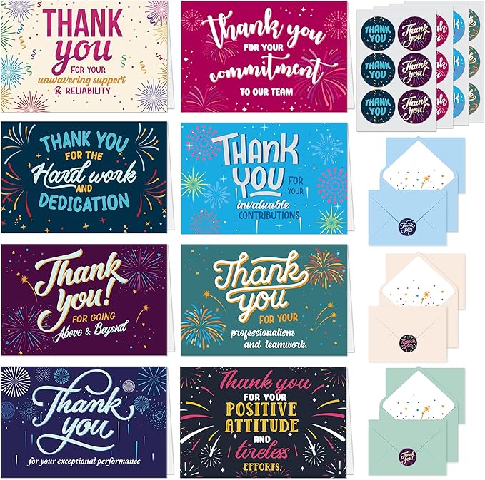 Decorably 24 Pack 6x4in Employee Appreciation Cards with Envelopes and Stickers, 8 Festive Designs Employee Thank You Cards, Blank Inside - Recognition, Promotion, Work Anniversary