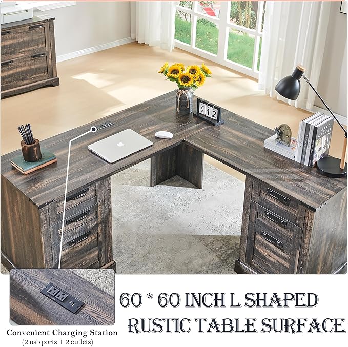 RedLemon 60" Farmhouse L Shaped Executive Desk with Drawers, Wood Home Office Corner Desk with Charging Station, File Drawer, Storage Cabinet, Rustic Computer Writing Desk (Dark Rustic Oak)