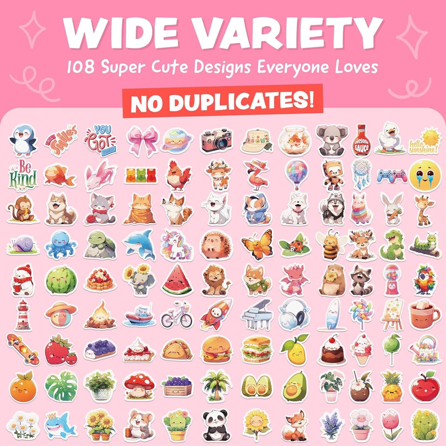 Cute Stickers for Kids - Kawaii Stickers for Kids Classroom Decor, Water Bottle & Teacher Rewards - 108pc Easy Peel Bulk Pack for Teens - Waterproof Vinyl Decals - Scrapbooking, Journaling, Notebook