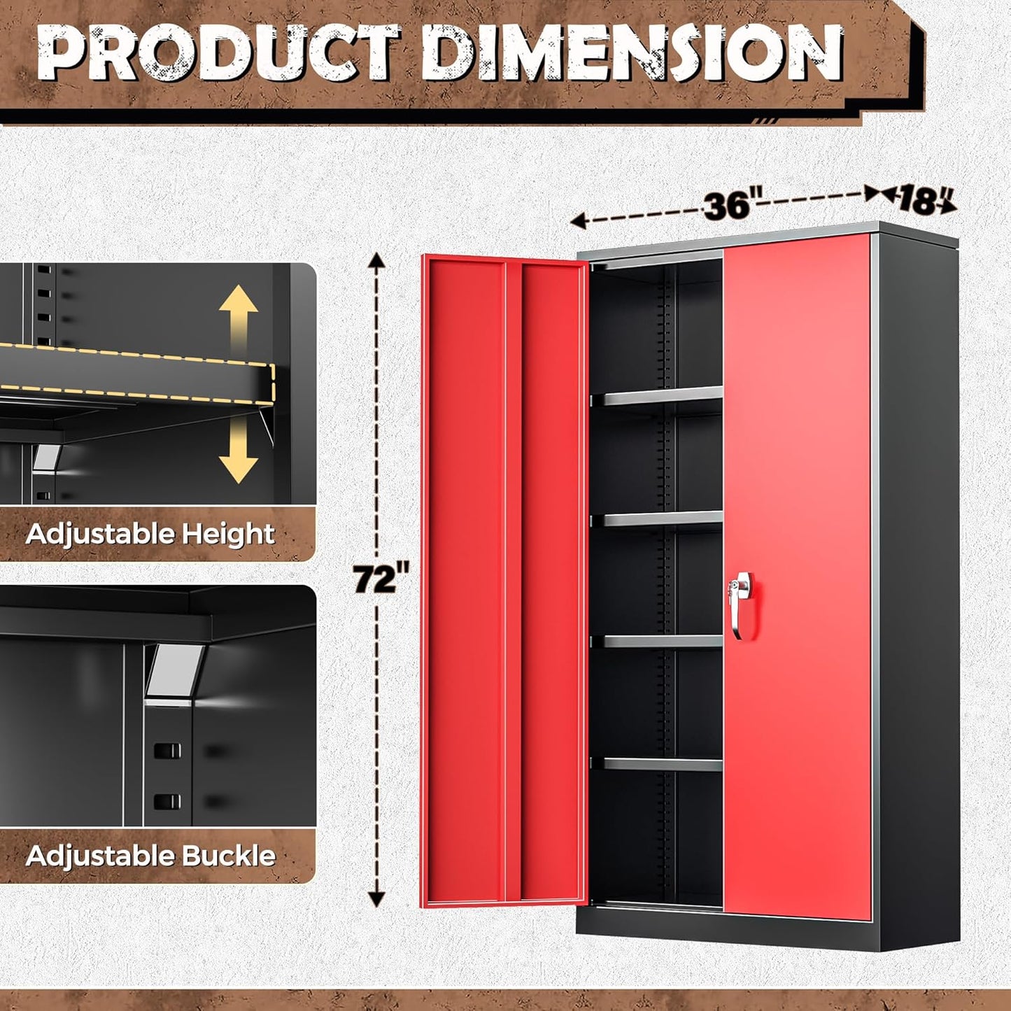 INTERGREAT Metal Lockable Storage Cabinet, 72” H Storage Cabinet with 2 Doors and 4 Adjustable Shelves for Office, Home, Garage, Pantry (Assembly Required, 18”D, Black Red)