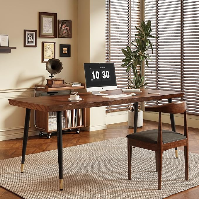 Solid Wood Desk 55 inches, Home Office Computer Desk Wooden Rustic Writing Desk Metal Modern Simple Design Executive Real Wood Desk(Walnut)