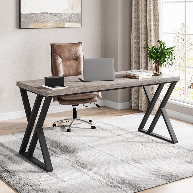 LITTLE TREE 55 Inch Large Simple Industrial Computer Desk Study Writing Table Home Office Workstation,Grey