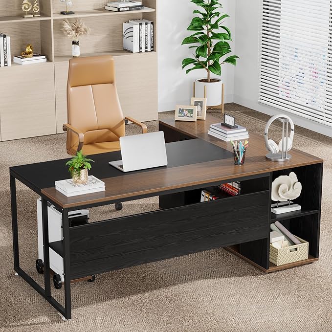 Tribesigns 71 inch Executive Desk, L Shaped Desk with Cabinet Storage, Executive Office Desk with Shelves, Business Furniture Workstation for Home Office, Black and Brown