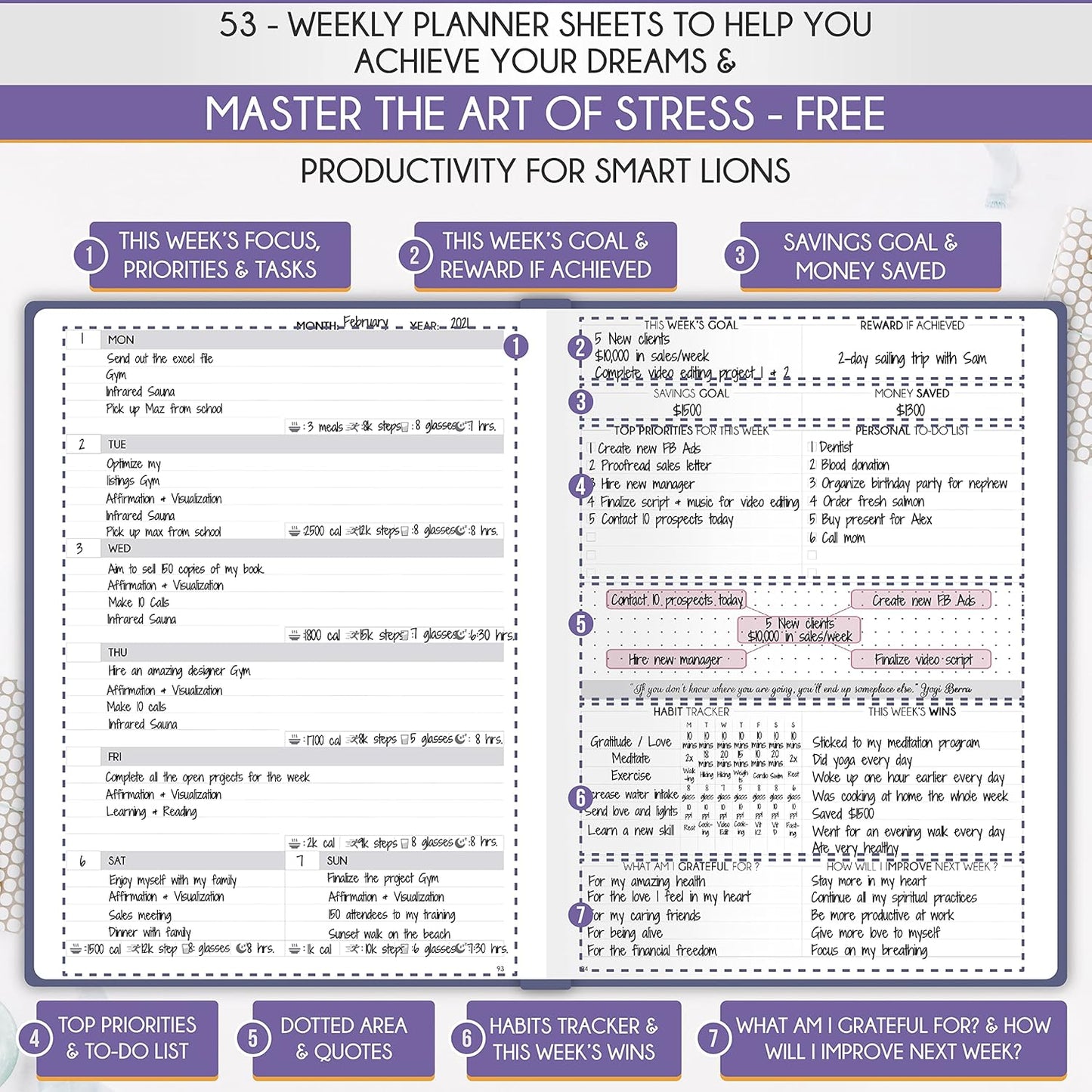 Life Planner - Undated Daily, Weekly & Monthly Planner with Budget Section | A 12 Month Journey to Increase Productivity & Happiness | Life Organizer & Gratitude Journal - Horizontal Format