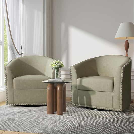 UIXE 360° Swivel Barrel Accent Chair Set of 2, Modern Upholstered Arm Chair Round Club Armchair, Nailhead Trim Single Sofa Seating in Fabric for Living Room - Light Camel