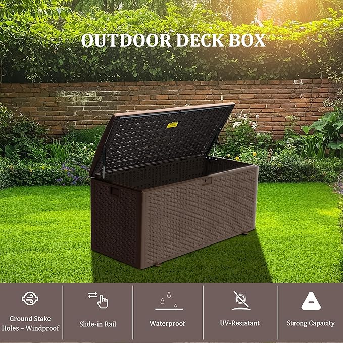 Premium Pro Edition 180 Gallon Lockable Resin Deck Box, Waterproof & UV-Resistant Outdoor Storage Box for Outdoor Cushion Storage, Garden Tools & Pool Accessories Storage, Brown