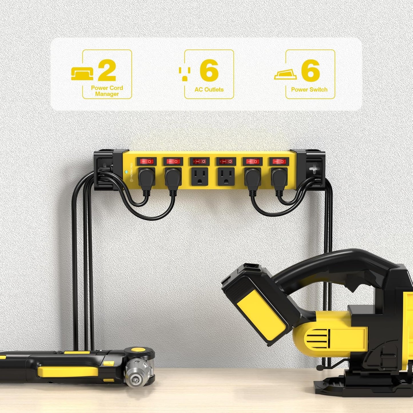 Heavy Duty Power Strip - 6 Outlet Power Strip with 6 Individual Switches Cord Manager Surge Protector 1200J Home Office Garage Industrial Workshop