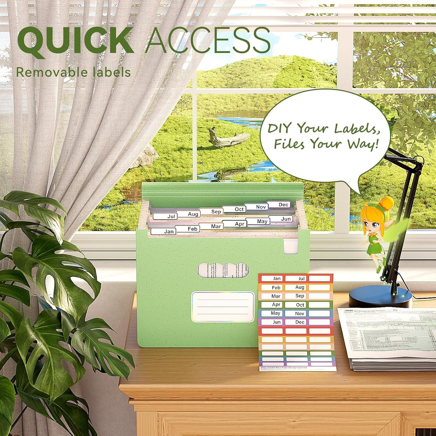 Accordion File Organizer, 13 Pockets Wheat Straw Expanding File Folder, Portable Monthly Paper Bill Tax Receipt Organizer, Letter A4 Size Document Holder with Colorful Tab - Grass Green