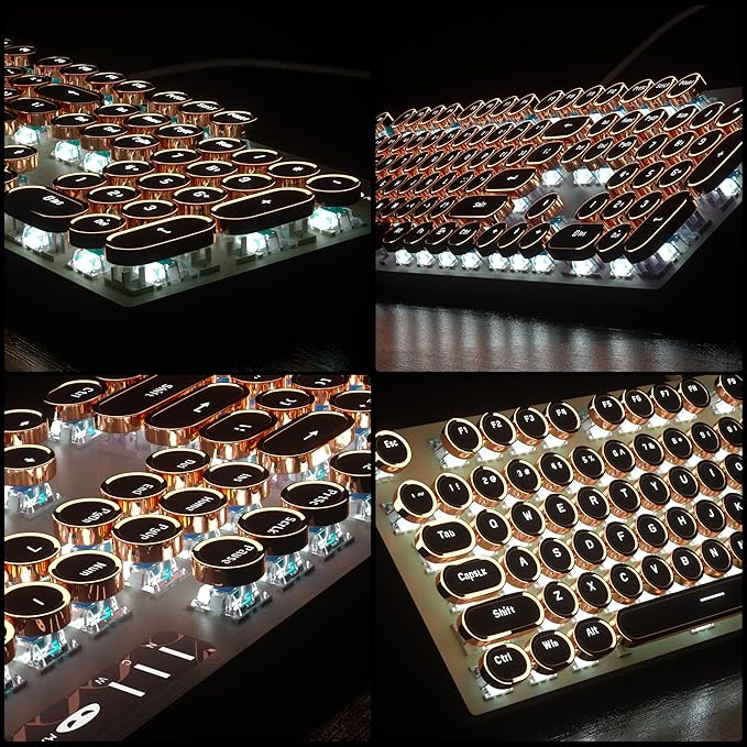 Camiysn Typewriter Style Mechanical Gaming Keyboard, Green Retro Punk Gaming Keyboard with White Backlit, 104 Keys Blue Switch Wired Cute Keyboards, Round Keycaps for Windows/Mac/PC