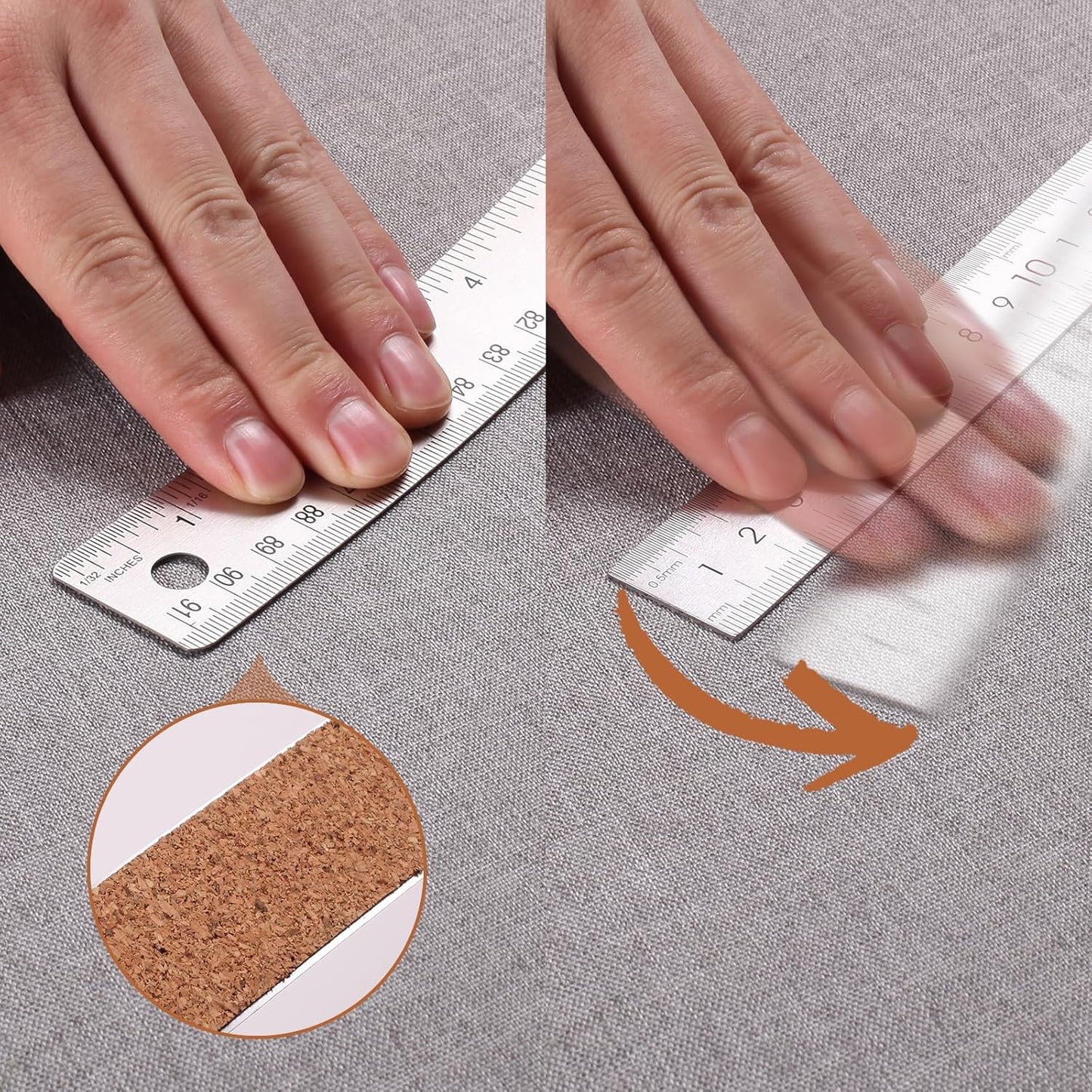 24 Inch Metal Ruler, Stainless Steel Straight Edge Ruler with Cork Backing, Non-Slip Imperial & Metric Measuring Tool for School, Office, Woodworking, Drafting