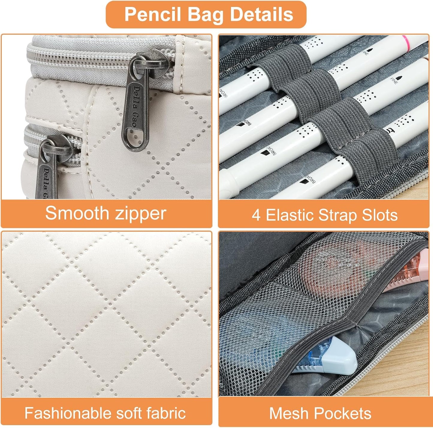 Della Gao Small Pencil Case Large Capacity Pencil Pouch Marker Pen Bag Coin Pouch Office Stationery Organizer (Beige-03RH)