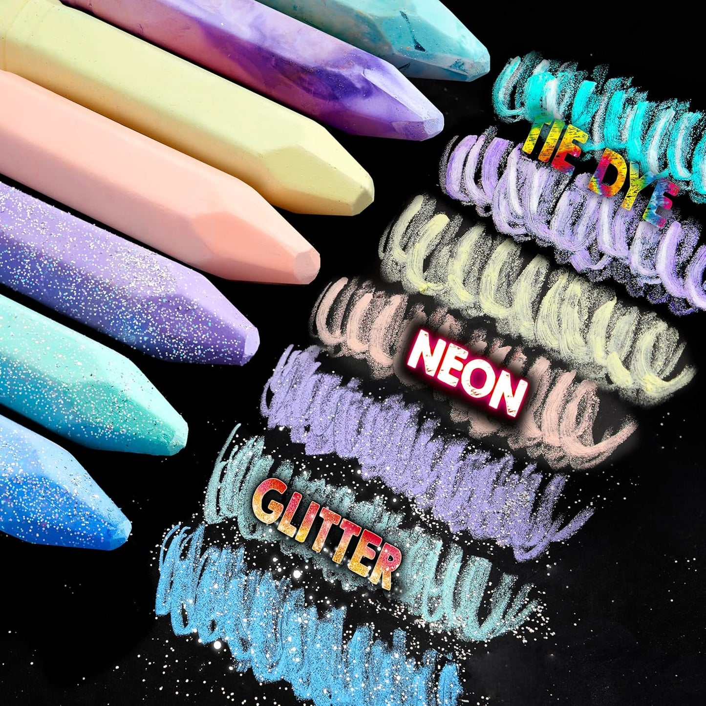 JOYIN 36 PCS Washable Sidewalk Chalks Set in 6 Packs, 18 Colors, Including 12 Tie Dye, 12 Glitter & 12 Neon Color Outdoor Chalks for Painting, Drawing, Gifts for Kids