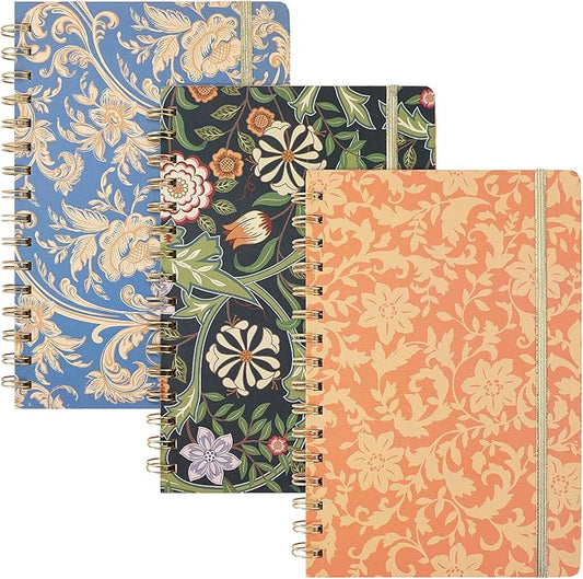 LABUK 3 Pack A5 William Morris Floral Notebooks for Women, 5.7" x 8.5" College Ruled Spiral Journals 160 Pages Hardcover with Back Pocket, Suitable for School, Office, Home and Beyond