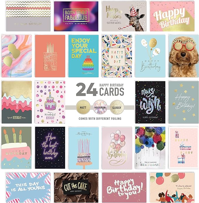 easykart labels 24 Unique Birthday Cards Assortment with Greetings Inside. For Businesses and Individuals, 4X5.5 Inch Assorted Foiling Cards with Envelope with Sealing Stickers