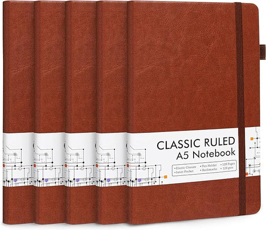 feela 5 Pack Journal Notebook Bulk for School, Hardcover Business Notebooks Classic Ruled Lined Journals with Pen Holder for Work Note Taking, with 5 Black Pens, 120 GSM, 5.1”x8.3”, A5, Brown