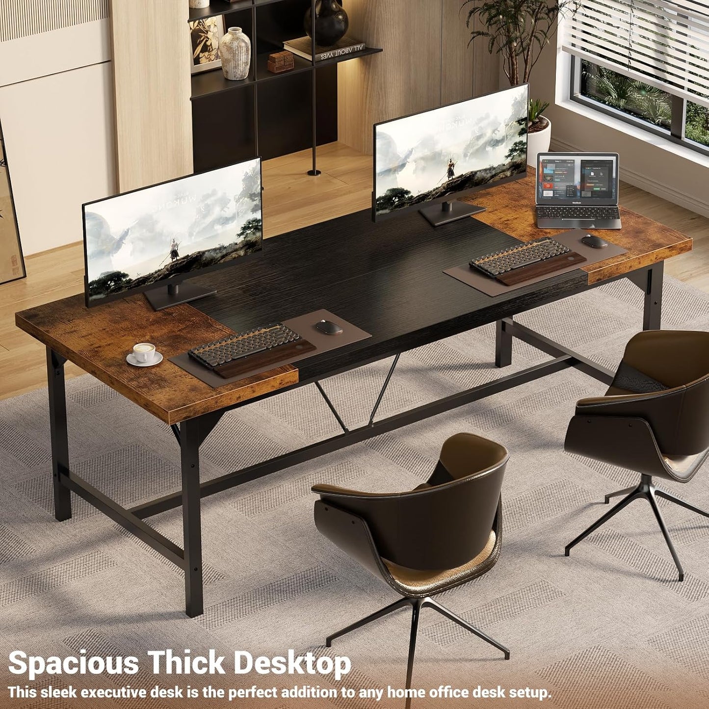 Unikito Large Computer Desk, 63 x 31.5 Inch Long Office Desks, Premium Sturdy 2 Person Desk, 1.4” Thick Study Writing Table, Modern Laptop Computer Table for Home Office Workstation, Rustic Brown