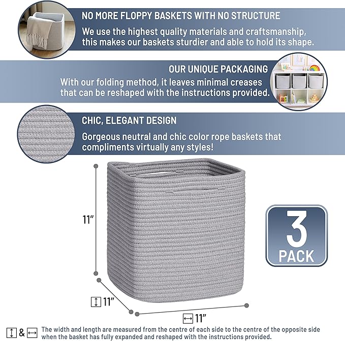 NaturalCozy Storage Cubes 11 Inch Cotton Rope Woven Baskets for Organizing, 3-Pack | Cube Storage Bin | Square Storage Baskets for Shelves Organizer, Classroom, Kids Toy Bins, Closet, Baby Nursery
