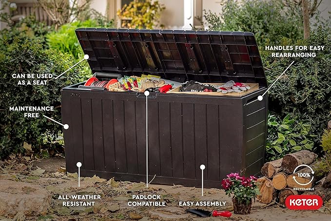Keter Marvel Plus 71 Gallon Resin Outdoor Storage Box for Patio Furniture Cushions, Throw Pillows, Garden Tools and Pool Floats, Brown