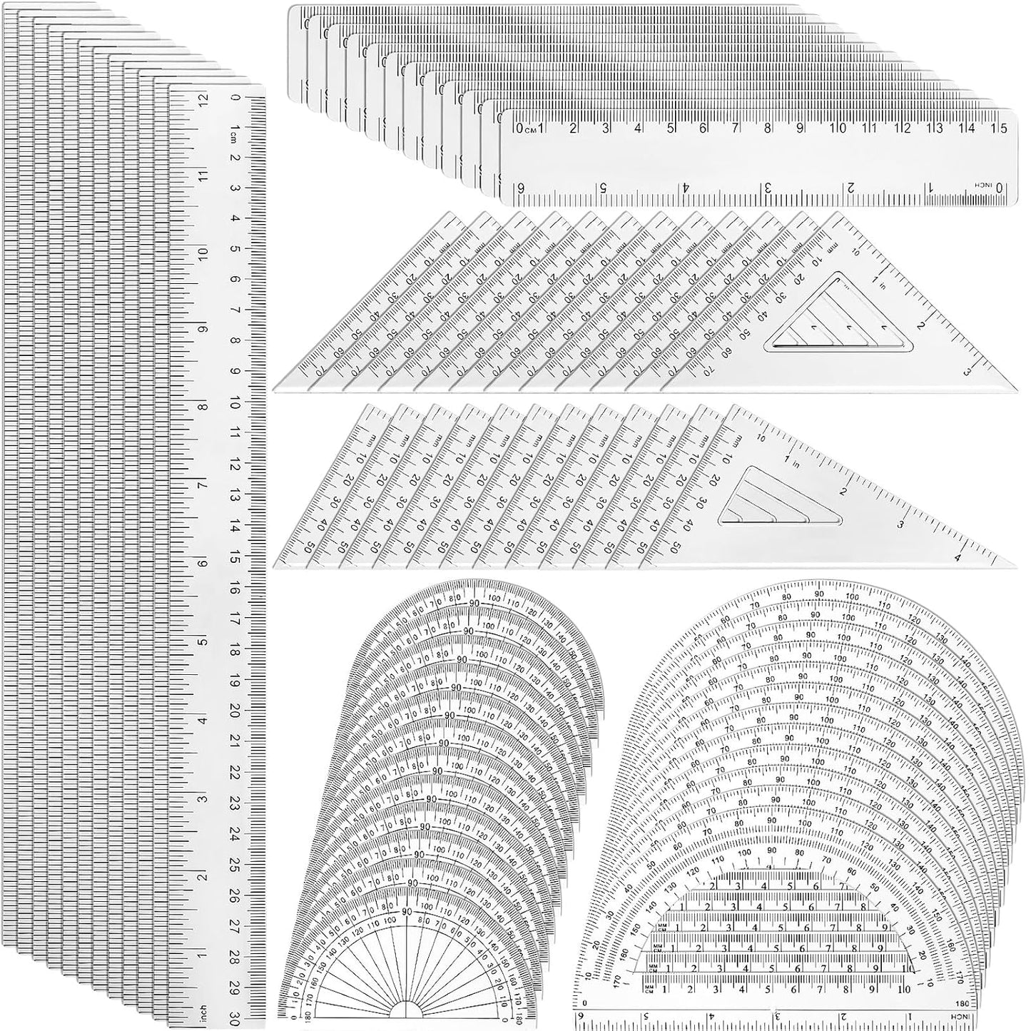 Tenare 36 Pcs Plastic Clear Math Set Includes Protractor Triangle Rulers 12 Inch 6 Inch Straight Geometry Math Transparent Ruler Measuring Tool for School Office Home Supplies