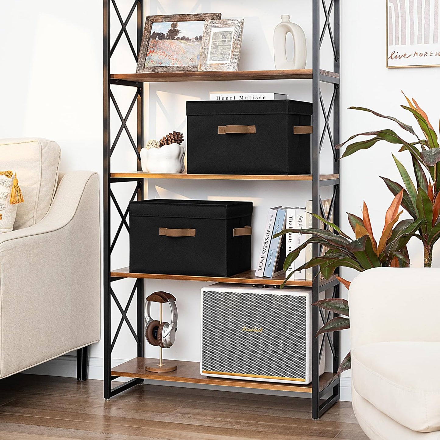 StorageWorks Fabric Storage Bins with Lid, Decorative Storage Boxes for Shelves, Stackable Closet Organizer Basket with Handles, Large, Black, 2-Pack