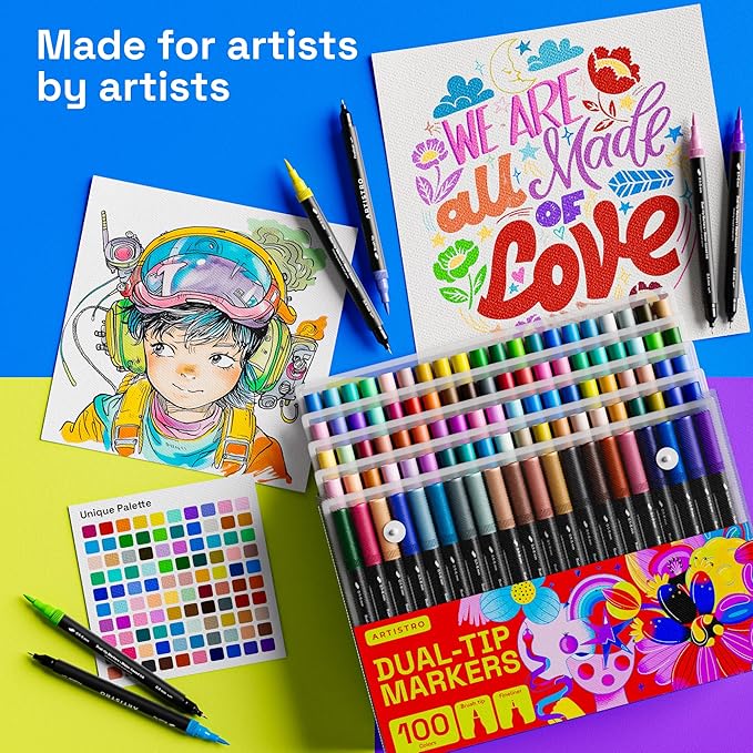 ARTISTRO 100 Brush Marker Pens Coloring Markers for Adults Brush Tip & 0.4mm Fineliner Pens Coloring Markers No Bleeding