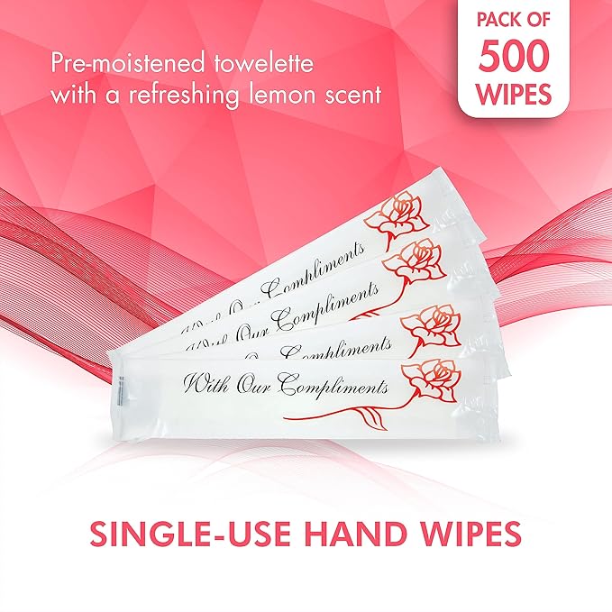 Diamond Wipes Pre-moistened Hand Wipes - “With Our Compliments” Logo 10x8” Extra Thick Lemon-Scented Pack of 500 Individually Wrapped Wet Wipes