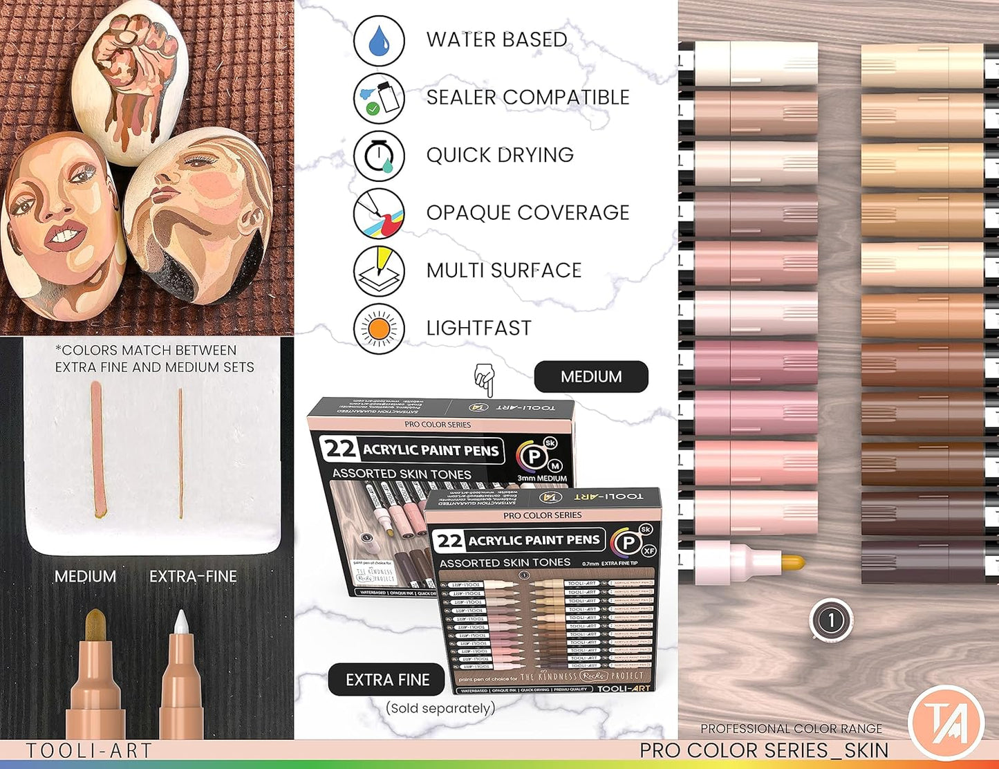 TOOLI-ART 22 Acrylic Paint Markers Paint Pens Pro Color Series Set 3mm Medium Tip for Rock Painting, Glass, Mugs, Wood, Metal, Glass Paint, Canvas, DIY. Non Toxic, Waterbased, Quick Drying (SKIN)