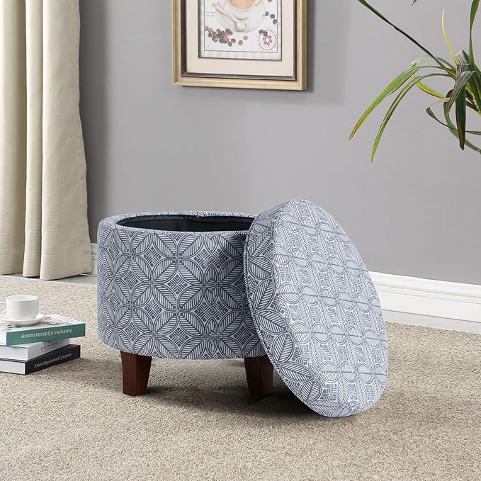 HomePop Upholstered Round Storage Ottoman|Homepop Home Décor|Upholstered Round Foot Rest Ottoman -Blue Indigo Print