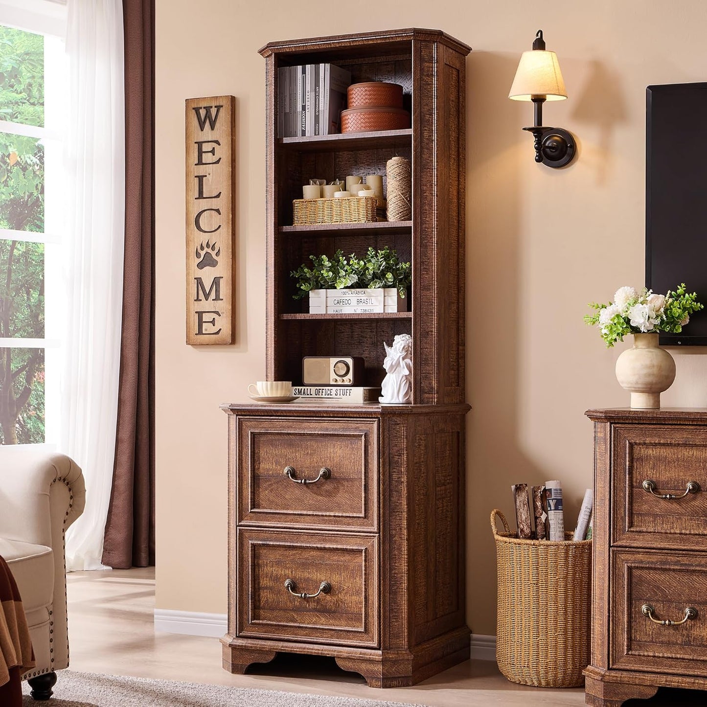 T4TREAM 6-Tier Bookcase with 2 File Drawers, 72" Tall Farmhouse Bookshelf with Storage & Adjustable Shelves, Wooden Floor Standing Display Book Shelf Organizer for Home Office, Reclaimed Barnwood