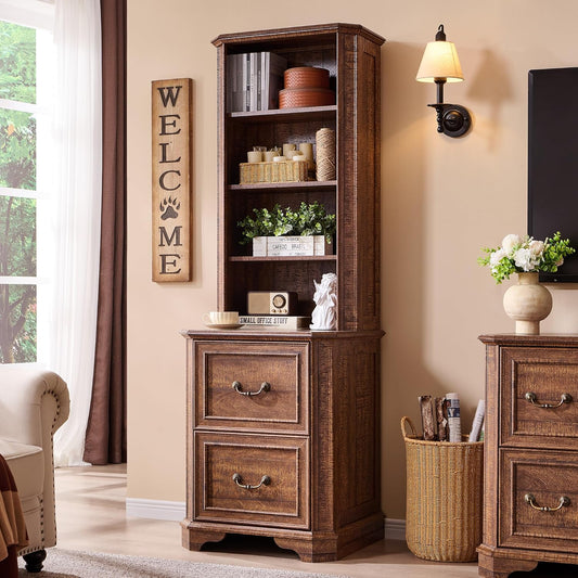 T4TREAM 6-Tier Bookcase with 2 File Drawers, 72" Tall Farmhouse Bookshelf with Storage & Adjustable Shelves, Wooden Floor Standing Display Book Shelf Organizer for Home Office, Reclaimed Barnwood