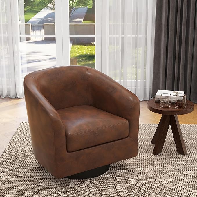 UIXE Faux Leather Swivel Accent Chair with Wood Base, Modern Upholstered Barrel Chairs for Living Room, Comfy Round Armchair Single Sofa Bedroom Reading Seat - 31" W, Coffee