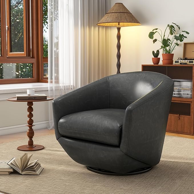 UIXE 360° Swivel Barrel Accent Chair, PU Leather Upholstered Club Armchair for Living Room, Modern Round Arm Chair Single Sofa Bedroom Reading Seating (Black)