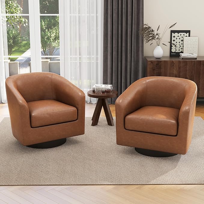 UIXE Faux Leather Swivel Accent Chairs Set of 2, Modern Upholstered Barrel Chairs for Living Room, Comfy Round Armchair Single Sofa Bedroom Reading Seat - 31" W, Brown