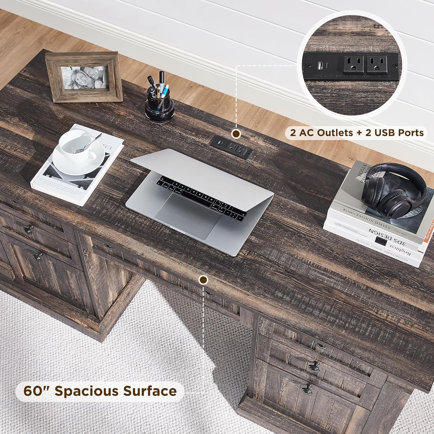 OKD 60" Executive Desk with Drawers, Farmhouse Home Office Desk with Charging Station, Keyboard Tray, File Cabinet Storage, Wood Computer Desk for Work and Study, Dark Rustic Oak