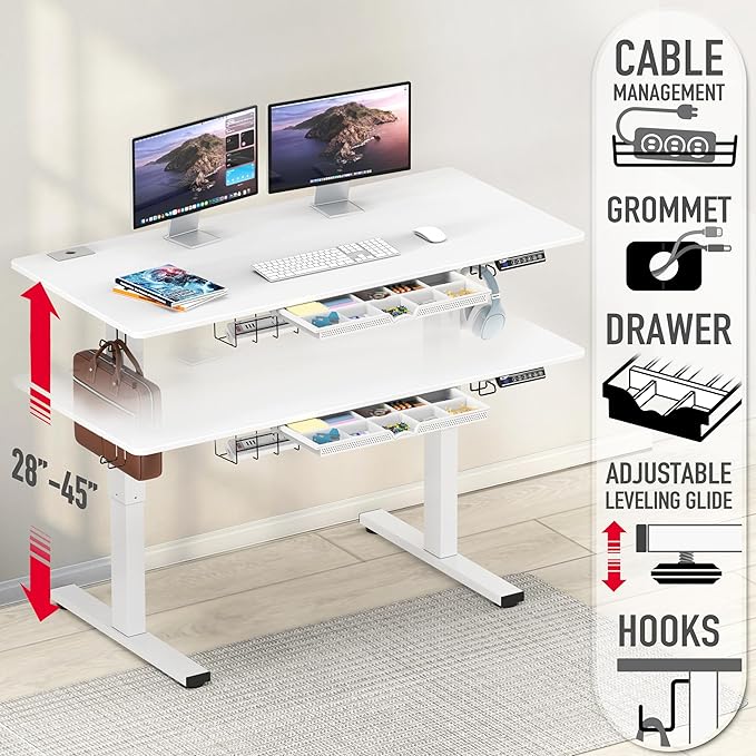 SHW 48-Inch Electric Height Adjustable Standing Desk with Drawer, Memory Preset and Cable Management Tray, White
