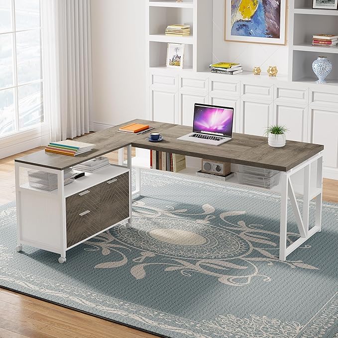 Tribesigns L Shaped Desk with Drawer Cabinet, 63" Executive Computer Desk and lateral File Cabinet, 2 Piece Home Office Furniture with Drawers for Hanging File, Doors with Locks (Dark Oak, 63-inches)