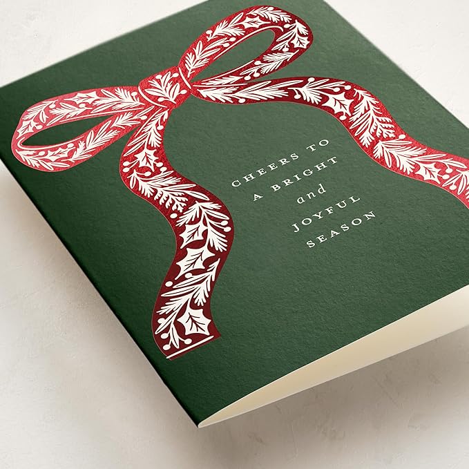 Minted Botanical Bow Holiday Cards, 8 Cards with Envelopes, Folded 5x7 Christmas Card with Red and White Illustrated Ribbon Design, Gold Foil-Pressed, Luxurious Paper, Interior Message Included