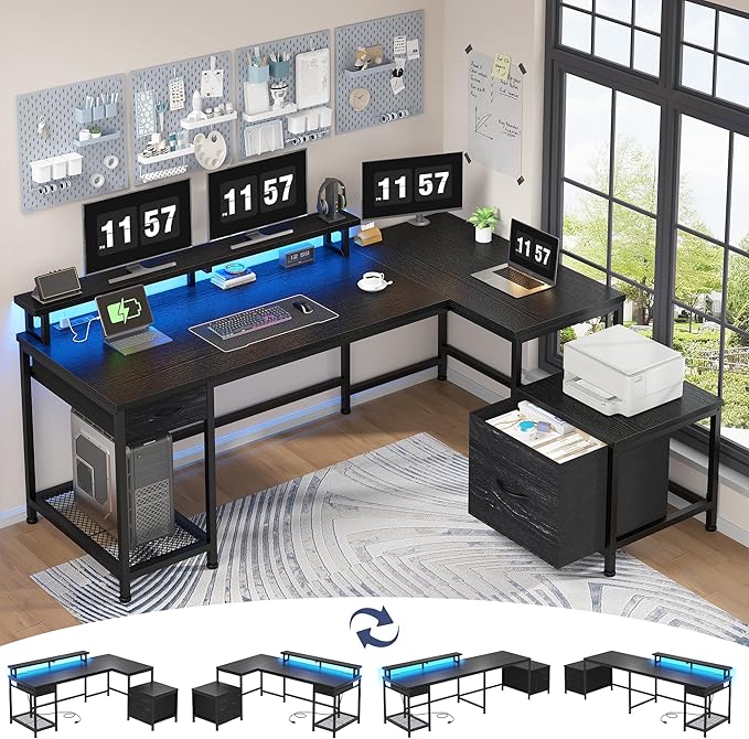 L Shaped Computer Desk with Drawers, Gaming Desk with LED Lights & Monitor Shelf, Office Desks with Power Outlets, Corner Desks for Home Office, Study Room and Bedroom, Black